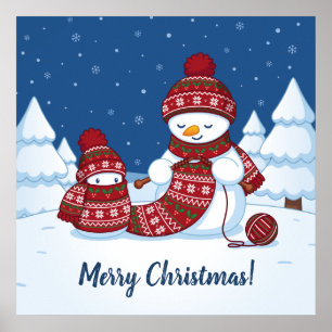 Poster Bonhomme de neige tricotant une écharpe de Noël