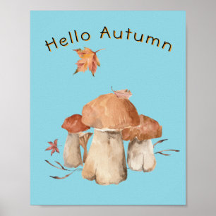 Poster Bonjour Automne Feuilles Sèches Champignons Aquare
