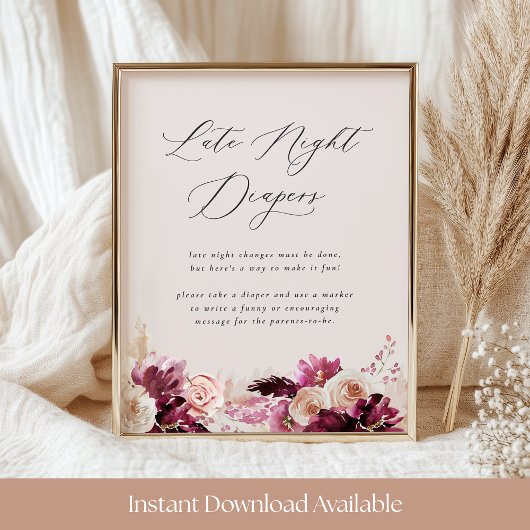 Poster Bonjour Bébé Late Night Diapers Baby Shower Sign