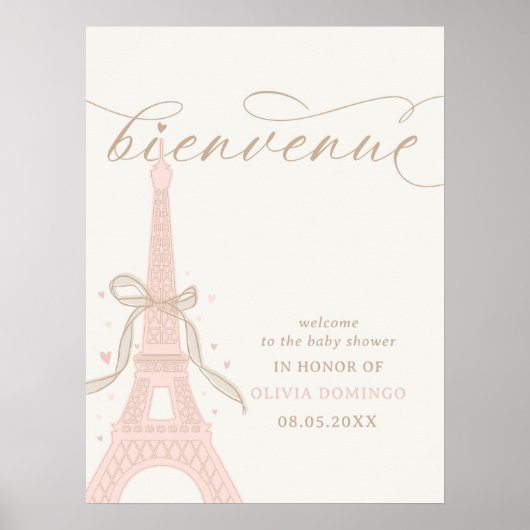 Poster Bonjour Bébé Pink Paris Eiffel Tower Welcome Sign (Devant)