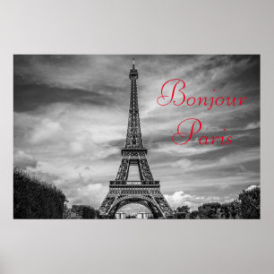 Poster Bonjour Paris Noir Blanc Tour Eiffel Voyage