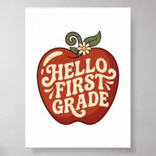 Poster Bonjour Première Année Retro Pomme Retour à l'écol