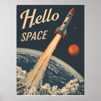 Poster Bonjour rétro-futurisme spatial