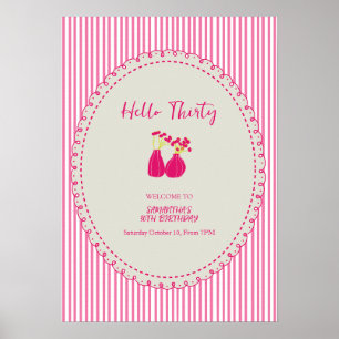 Poster Bonjour Trente Fleurs Vintage Rayures 30e Annivers