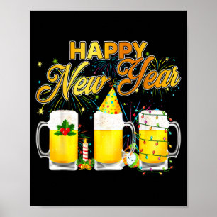Poster Bonne année 2026 Verres de bière Feux d'artifice N