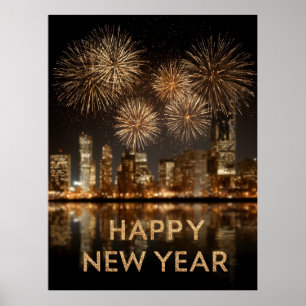 Poster "Bonne année" avec feux d'artifice sur une ville