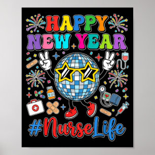 Poster Bonne année groovy 2026 Infirmière Vie Boule disco