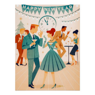 Poster Bonne année milieu du siècle La danse du Martini