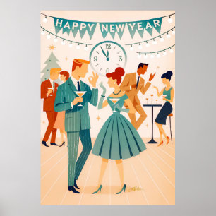 Poster Bonne année milieu du siècle La danse du Martini