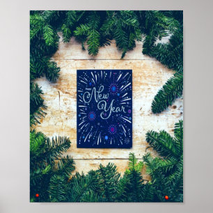 Poster Bonne année Pin bleu et vert