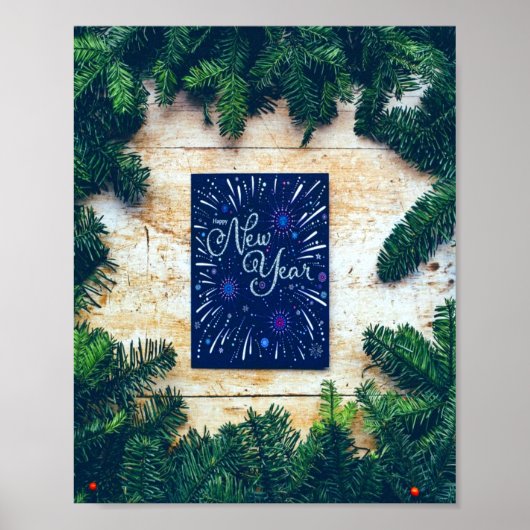 Poster Bonne année Pin bleu et vert (Devant)