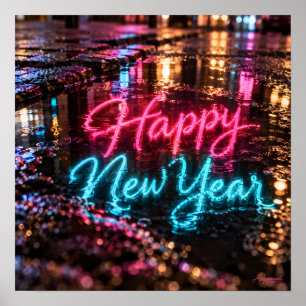 Poster Bonne année Reflet de flaque néon