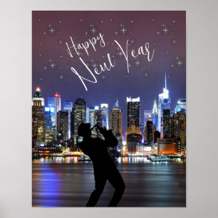 Poster Bonne année Ville Skyline Trumpet Man Stars