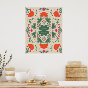 Poster Bonne chance : fraises et fleurs