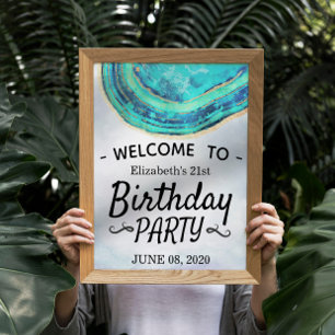 Poster Bonne fête d'anniversaire Turquoise Gold Agate Géo