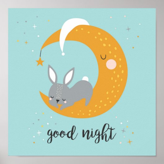 Poster Bonne nuit avec lapin et lune (Devant)