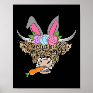 Poster Bonne Pâques Heifer Highland Vache Avec Bunny Ears