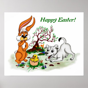 Poster Bonne Pâques ! Welpe, Küken, Hase
