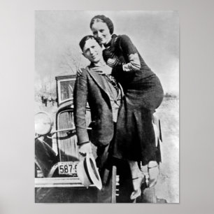 Poster Bonnie et Clyde avec leur voiture - Vers 1934