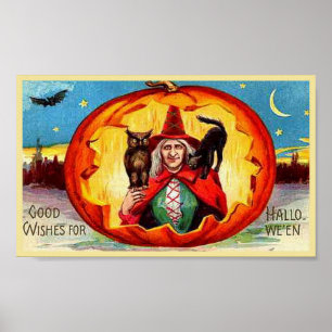 Poster Bons voeux pour Halloween, hibou, sorcière, chat, 