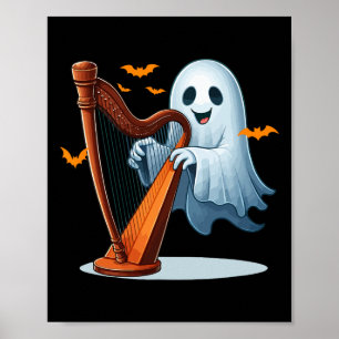 Poster Boo Ghost Jouer Harp Halloween instrument de musiq