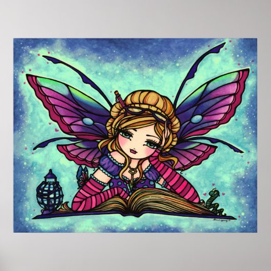 Poster Bookworm Fairy Library Imaginaire Art par Hannah L (Devant)
