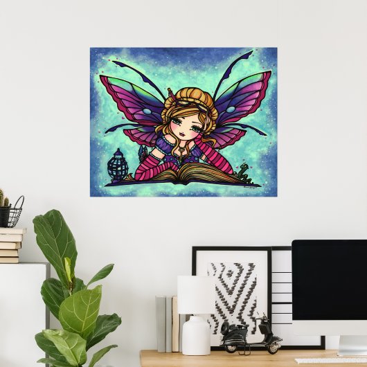 Poster Bookworm Fairy Library Imaginaire Art par Hannah L (Bureau à domicile)