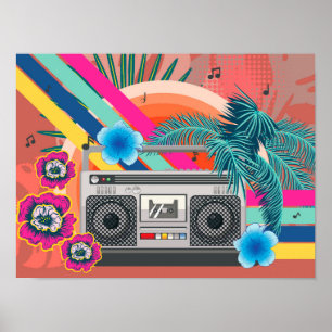 Poster Boombox avec feuilles tropicaux et fleurs