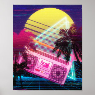 Poster Boombox rose Funky des années 80 avec palmiers