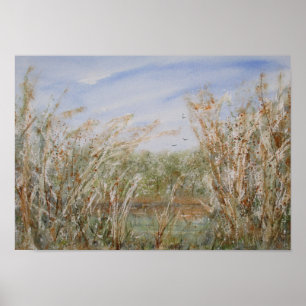 Poster Bord sauvage d'une aquarelle d'étang naturel Impri