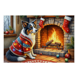 Poster Border Collie Cheminée avec Lumières de Noël