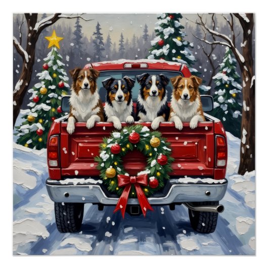 Poster Border Collie Christmas Red Truck Holiday (Devant)