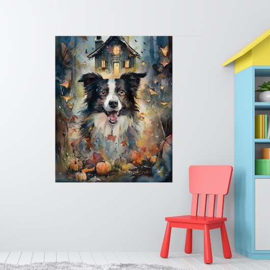 Poster Border Collie d'Halloween avec citrouilles effraya (Pépinière 1)