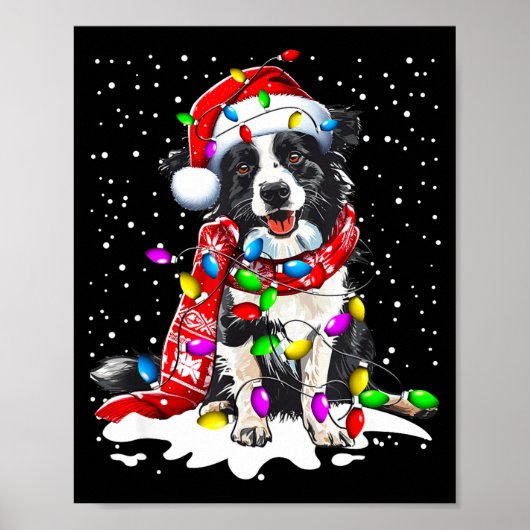 Poster Border Collie Dog Lighting Xmas Santa Hat Christma (Devant)