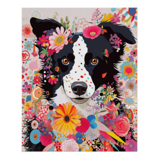 Poster Bordure Collie Chien et Fleurs 001 - Bijou sur mes