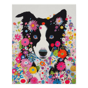Poster Bordure Collie Chien et Fleurs 005 - Bijou sur mes