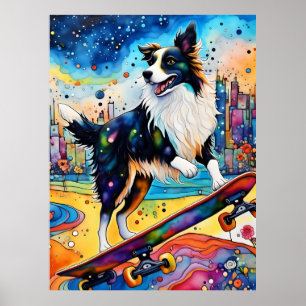 Poster Bordure Collie Skateboard