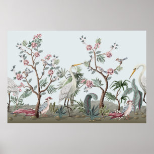 Poster Bordure en style chinoiserie avec cigognes et peon