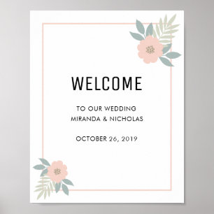 Poster Bordure fleurie rose mariage signe d'accueil / aff