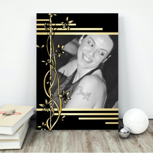 Poster Bordure florale en or noir portrait moderne