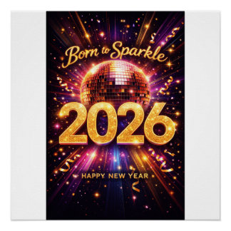 Poster Born to Sparkle 2026 Disco Ball Happy New Year