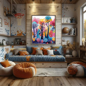 Poster Bosque Colorido: Paisaje Folk y Naive