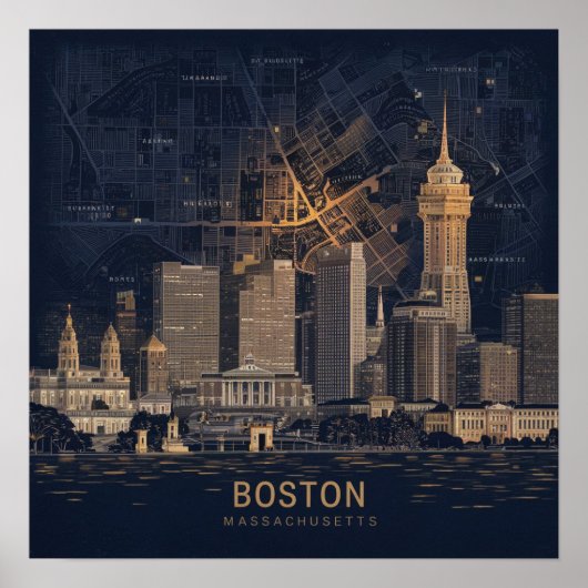 Poster Boston, Boston Massachusetts City Skyline avec car (Devant)