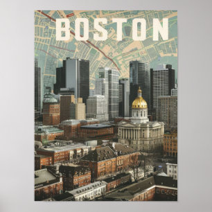 Poster Boston, Boston Massachusetts City Skyline avec car