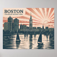 Boston Charles River Voiliers Skyline Art Vintage