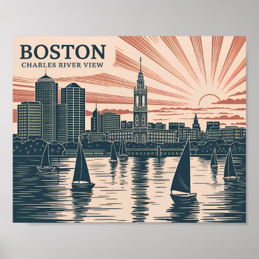 Poster Boston Charles River Voiliers Skyline Art Vintage (Devant)