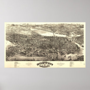 Poster Boston Massachusetts 1880 Antique carte panoramiqu