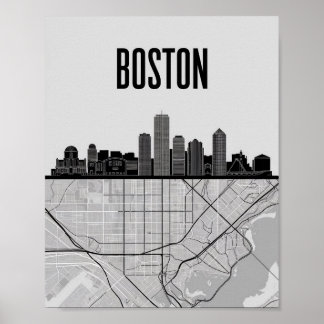 Poster Boston Massachusetts City Skyline avec carte