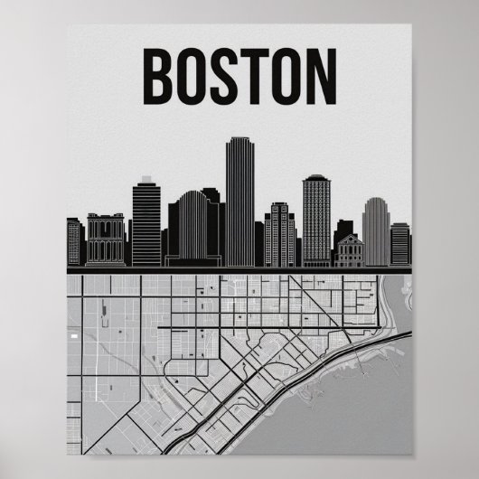 Poster Boston Massachusetts City Skyline avec carte (Devant)