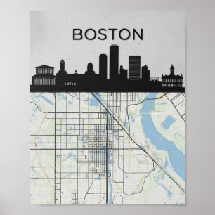 Poster Boston Massachusetts City Skyline avec carte